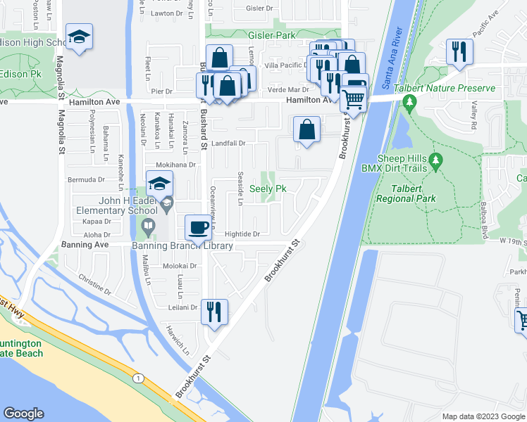 map of restaurants, bars, coffee shops, grocery stores, and more near 21871 Vacation Lane in Huntington Beach