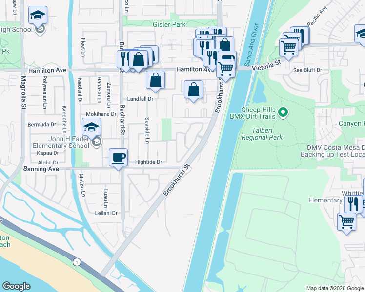 map of restaurants, bars, coffee shops, grocery stores, and more near 21881 Ocean Breeze Lane in Huntington Beach