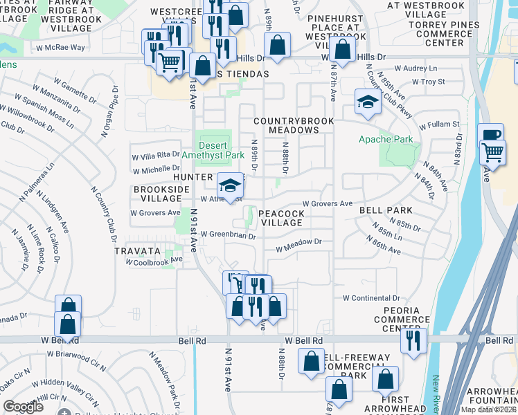 map of restaurants, bars, coffee shops, grocery stores, and more near 17797 North 89th Drive in Peoria