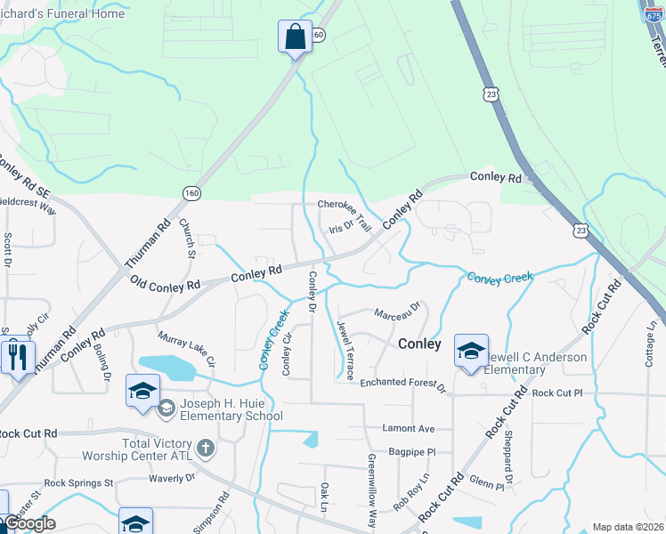 map of restaurants, bars, coffee shops, grocery stores, and more near 1511 Conley Road in Conley