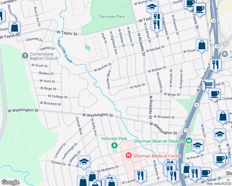 map of restaurants, bars, coffee shops, grocery stores, and more near 1213 West Hunt Street in Sherman