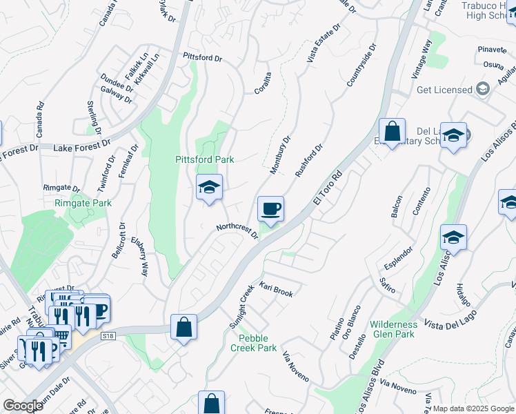 map of restaurants, bars, coffee shops, grocery stores, and more near 21901 Montbury Drive in Lake Forest
