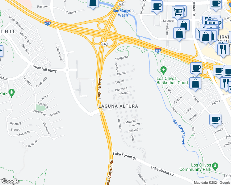 map of restaurants, bars, coffee shops, grocery stores, and more near 46 Cipresso in Irvine