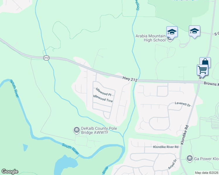 map of restaurants, bars, coffee shops, grocery stores, and more near 4534 Idlewood Park in Stonecrest