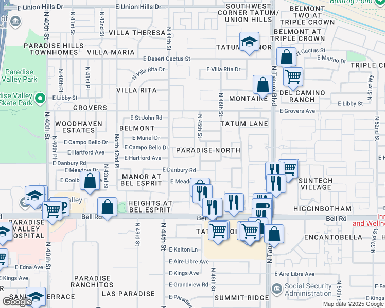 map of restaurants, bars, coffee shops, grocery stores, and more near 4440 East Hartford Avenue in Phoenix