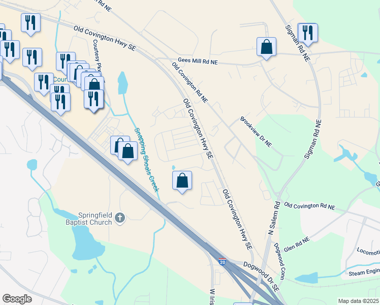 map of restaurants, bars, coffee shops, grocery stores, and more near 2032 Avalon Ridge in Conyers