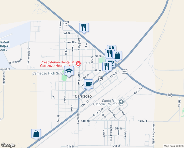 map of restaurants, bars, coffee shops, grocery stores, and more near 301 10th Street in Carrizozo