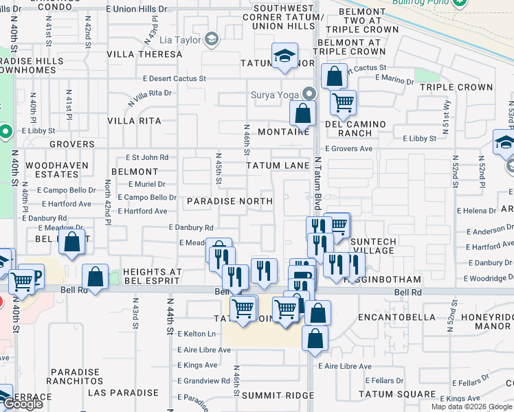 map of restaurants, bars, coffee shops, grocery stores, and more near 17418 North 46th Place in Phoenix