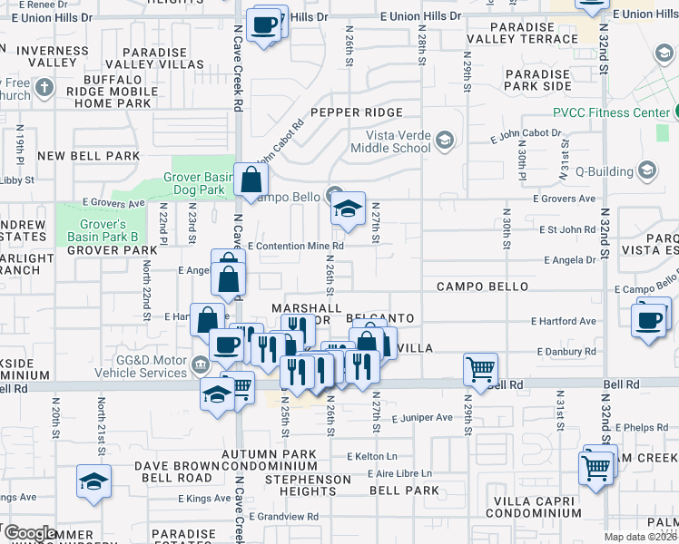 map of restaurants, bars, coffee shops, grocery stores, and more near 2610 East Helena Drive in Phoenix