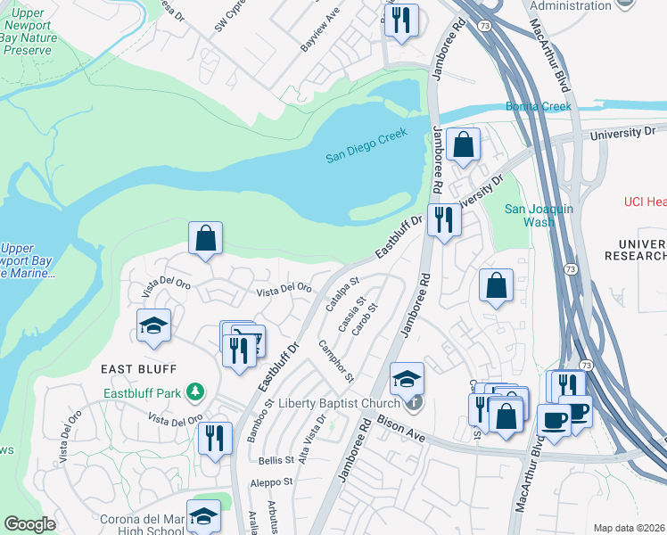 map of restaurants, bars, coffee shops, grocery stores, and more near 2981 Quedada in Newport Beach