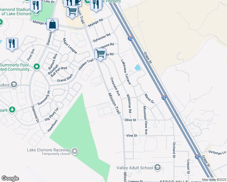 map of restaurants, bars, coffee shops, grocery stores, and more near 21025 Sedco Boulevard in Lake Elsinore