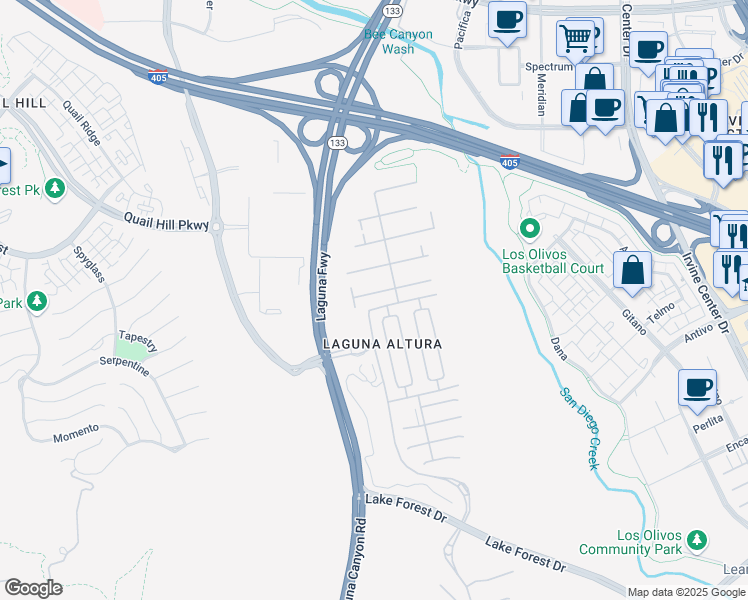 map of restaurants, bars, coffee shops, grocery stores, and more near 46 Cipresso in Irvine