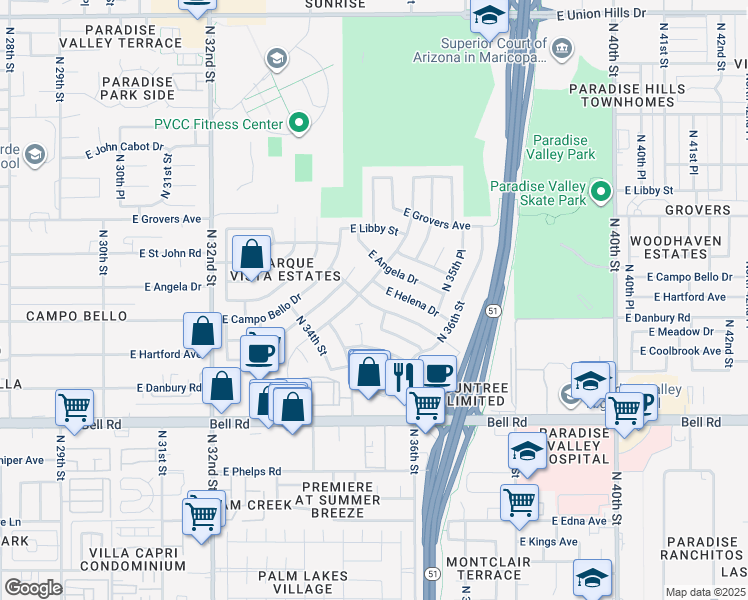 map of restaurants, bars, coffee shops, grocery stores, and more near 3508 East Campo Bello Drive in Phoenix