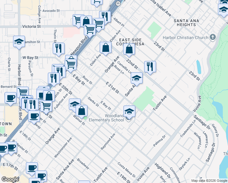 map of restaurants, bars, coffee shops, grocery stores, and more near 2096 Westminster Avenue in Costa Mesa