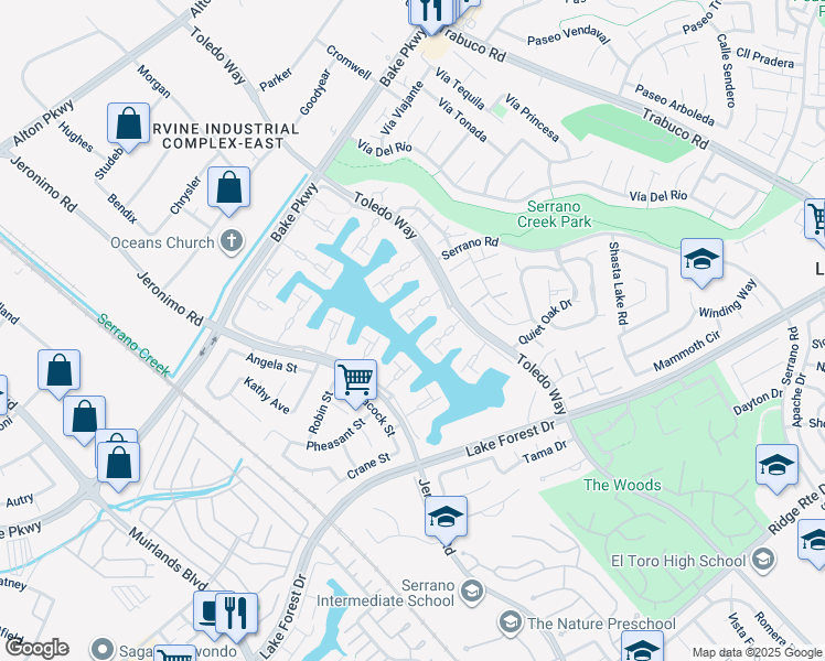 map of restaurants, bars, coffee shops, grocery stores, and more near 21854 Ticonderoga Lane in Lake Forest