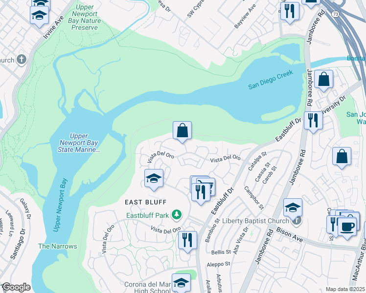 map of restaurants, bars, coffee shops, grocery stores, and more near 2650 Vista Ornada in Newport Beach