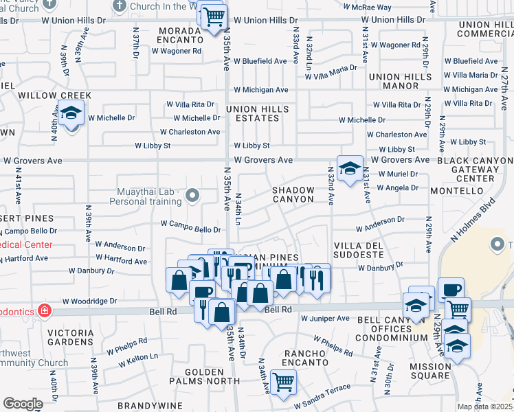 map of restaurants, bars, coffee shops, grocery stores, and more near 3426 West Angela Drive in Phoenix