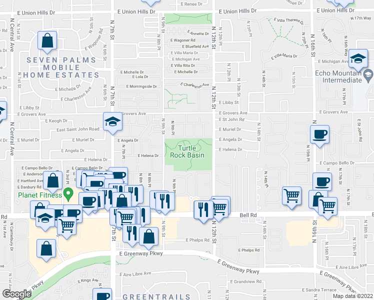 map of restaurants, bars, coffee shops, grocery stores, and more near 17414 North 12th Street in Phoenix
