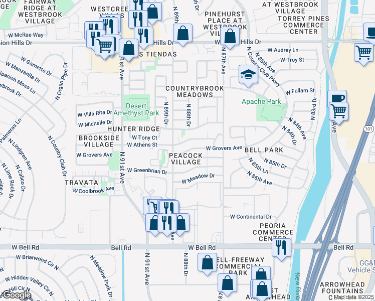 map of restaurants, bars, coffee shops, grocery stores, and more near West Grovers Avenue in Peoria