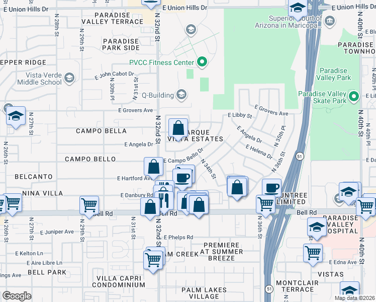 map of restaurants, bars, coffee shops, grocery stores, and more near 3309 East Helena Drive in Phoenix
