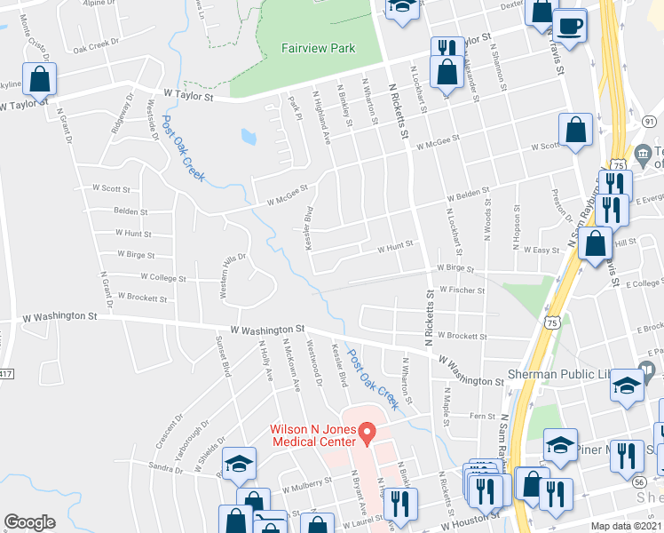 map of restaurants, bars, coffee shops, grocery stores, and more near 1221 West Hunt Street in Sherman