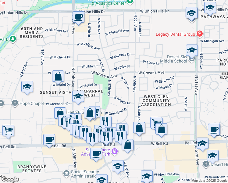 map of restaurants, bars, coffee shops, grocery stores, and more near 17430 North 56th Avenue in Glendale