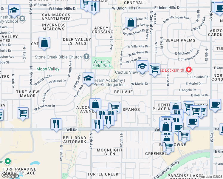 map of restaurants, bars, coffee shops, grocery stores, and more near 17429 North 4th Avenue in Phoenix