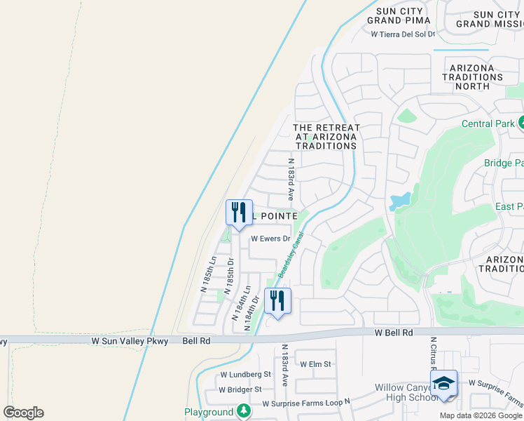 map of restaurants, bars, coffee shops, grocery stores, and more near 18449 West Westfall Way in Surprise