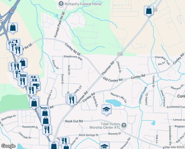 map of restaurants, bars, coffee shops, grocery stores, and more near 1513 Conley Way in Conley