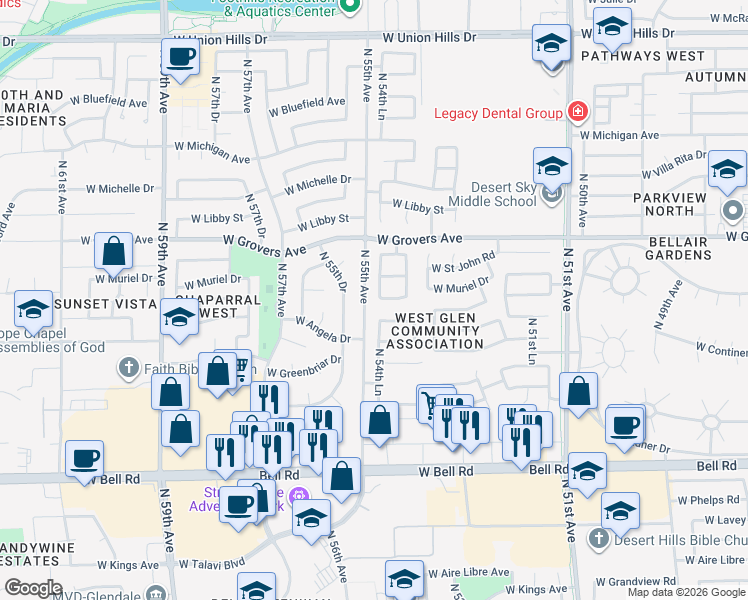 map of restaurants, bars, coffee shops, grocery stores, and more near 17646 North 54th Lane in Glendale