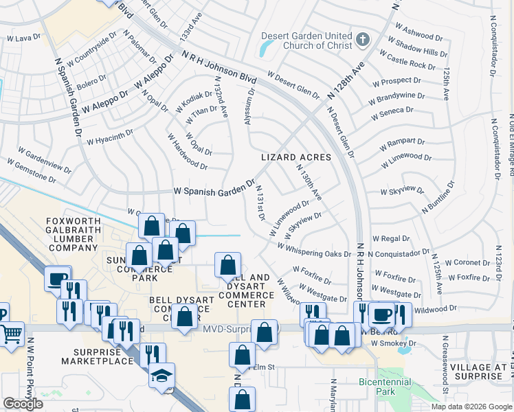 map of restaurants, bars, coffee shops, grocery stores, and more near 17630 North 131st Drive in Sun City West
