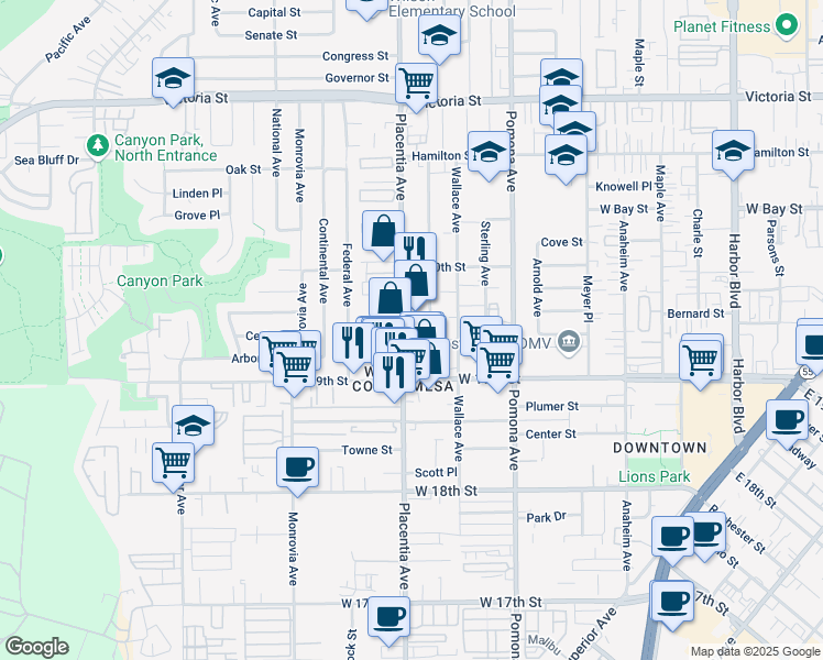 map of restaurants, bars, coffee shops, grocery stores, and more near 1940 Placentia Ave in Costa Mesa