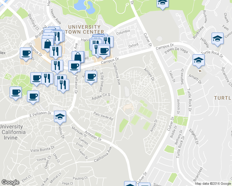 map of restaurants, bars, coffee shops, grocery stores, and more near 69214 Verano Road South in Irvine