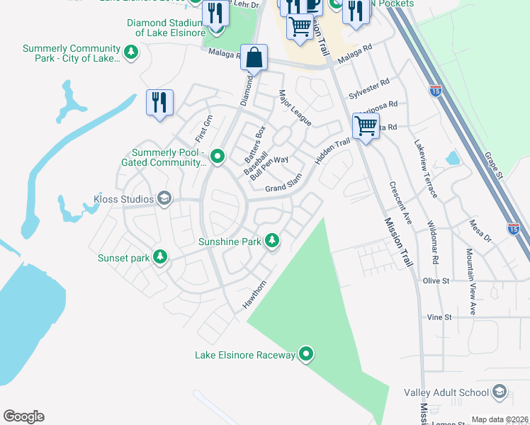 map of restaurants, bars, coffee shops, grocery stores, and more near 29320 Bent Grass in Lake Elsinore