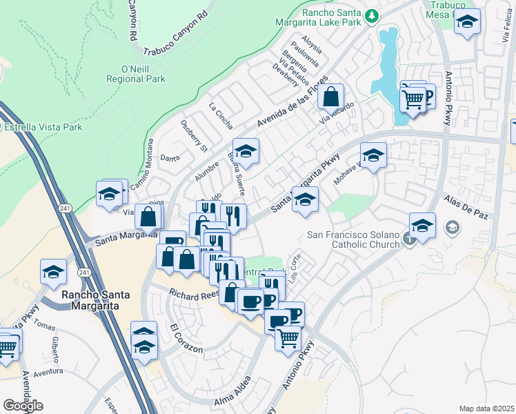 map of restaurants, bars, coffee shops, grocery stores, and more near 81 Castano in Rancho Santa Margarita