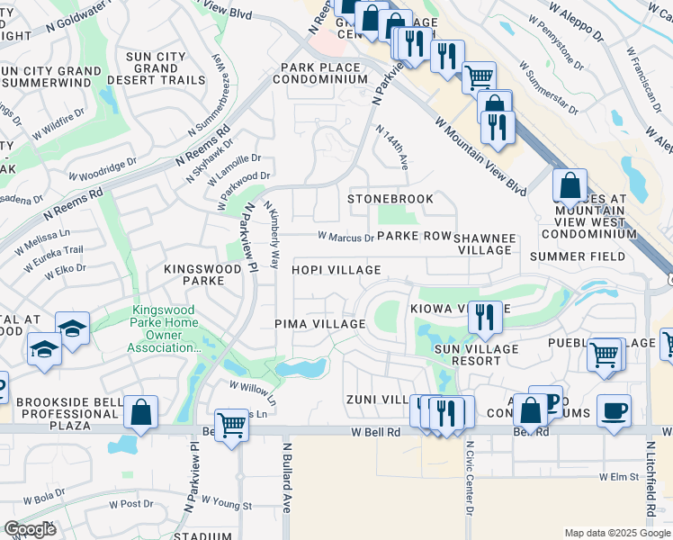 map of restaurants, bars, coffee shops, grocery stores, and more near 14566 West Bison Path in Surprise
