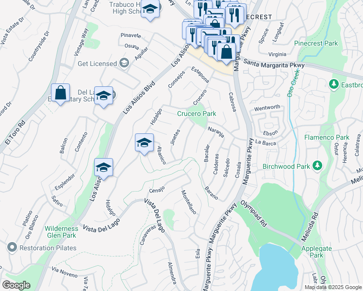 map of restaurants, bars, coffee shops, grocery stores, and more near 21911 Calabaza in Mission Viejo