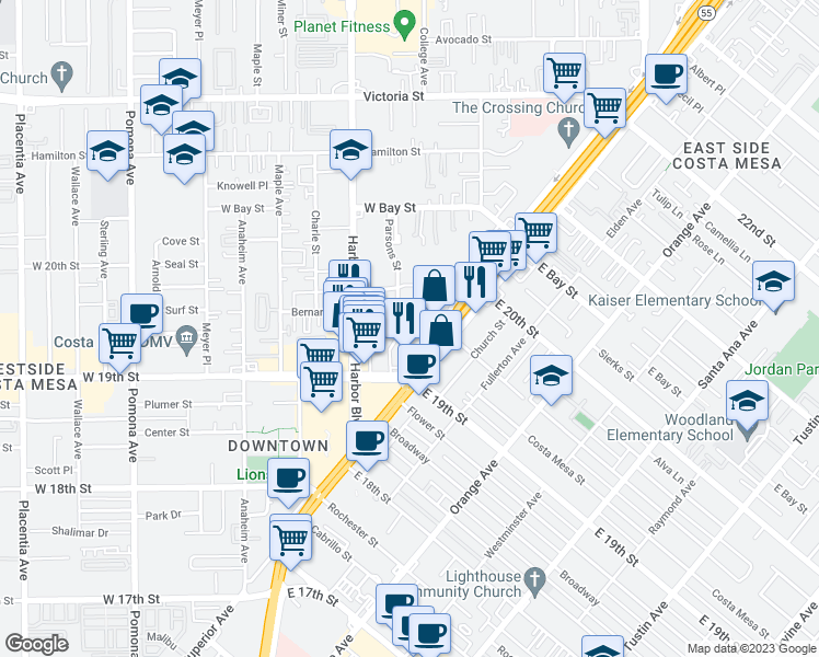 map of restaurants, bars, coffee shops, grocery stores, and more near 401 Bernard Street in Costa Mesa