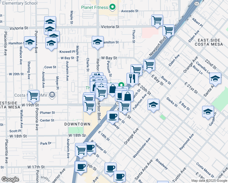 map of restaurants, bars, coffee shops, grocery stores, and more near 401 Bernard Street in Costa Mesa
