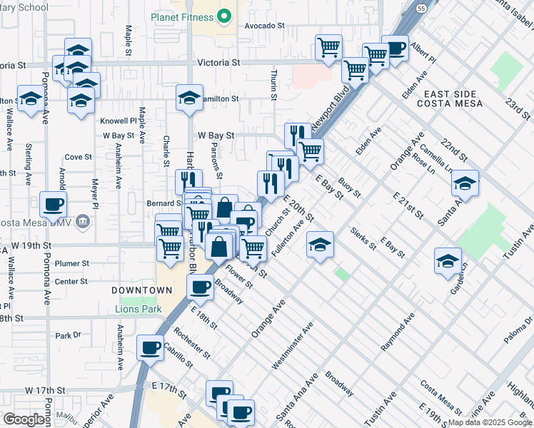 map of restaurants, bars, coffee shops, grocery stores, and more near 2115.1 Newport Boulevard in Costa Mesa