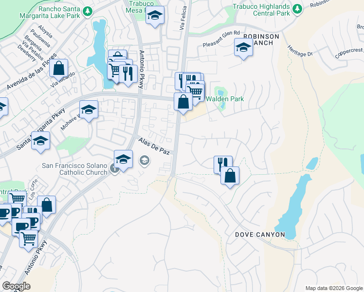 map of restaurants, bars, coffee shops, grocery stores, and more near 31782 Vía Del Viento in Trabuco Canyon
