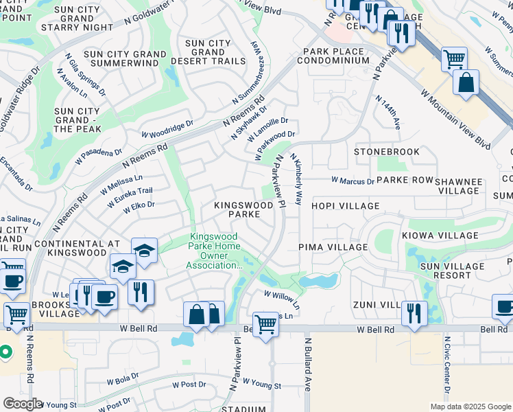 map of restaurants, bars, coffee shops, grocery stores, and more near 14817 W Honeysuckle Ln in Surprise