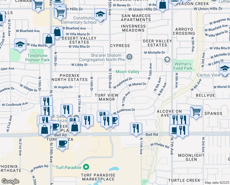 map of restaurants, bars, coffee shops, grocery stores, and more near 17444 North 14th Avenue in Phoenix