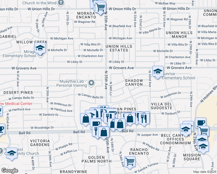 map of restaurants, bars, coffee shops, grocery stores, and more near 17612 North 34th Lane in Phoenix