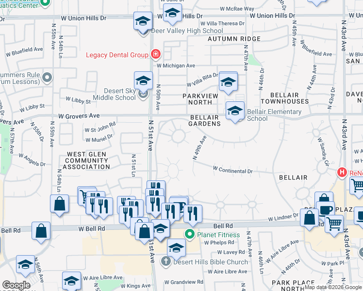map of restaurants, bars, coffee shops, grocery stores, and more near 4935 West Torrey Pines Circle in Glendale