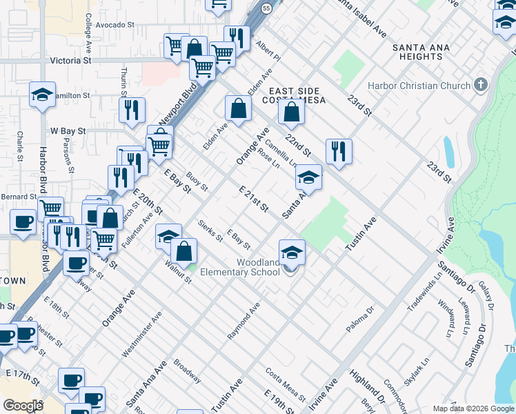 map of restaurants, bars, coffee shops, grocery stores, and more near 2096 Westminster Avenue in Costa Mesa