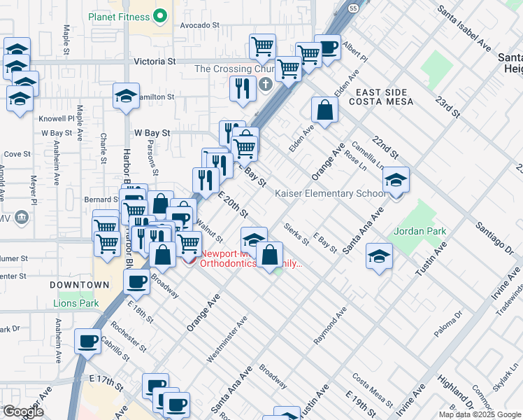 map of restaurants, bars, coffee shops, grocery stores, and more near 2020 Fullerton Avenue in Costa Mesa