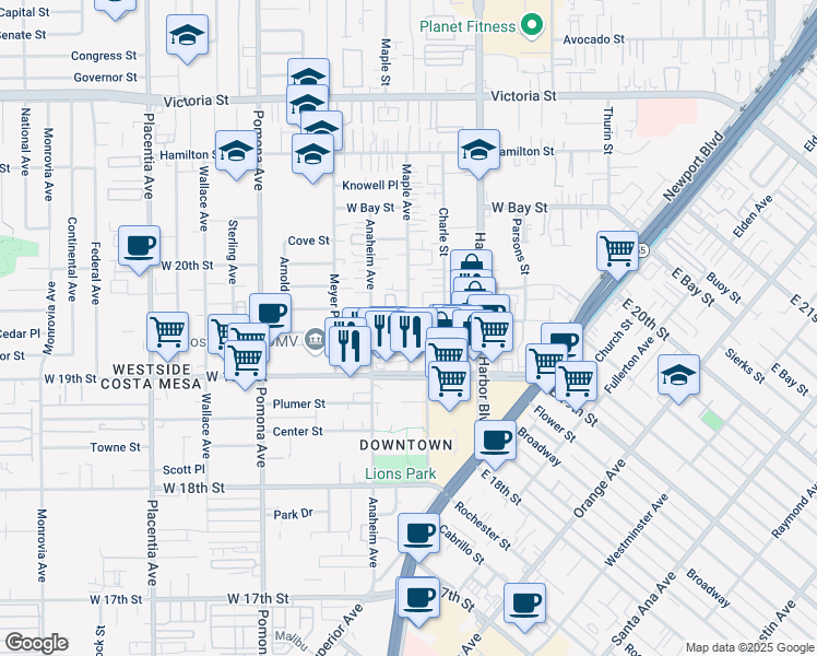 map of restaurants, bars, coffee shops, grocery stores, and more near 590 Wendy Lane in Costa Mesa