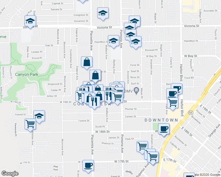 map of restaurants, bars, coffee shops, grocery stores, and more near 1945 Wallace Avenue in Costa Mesa