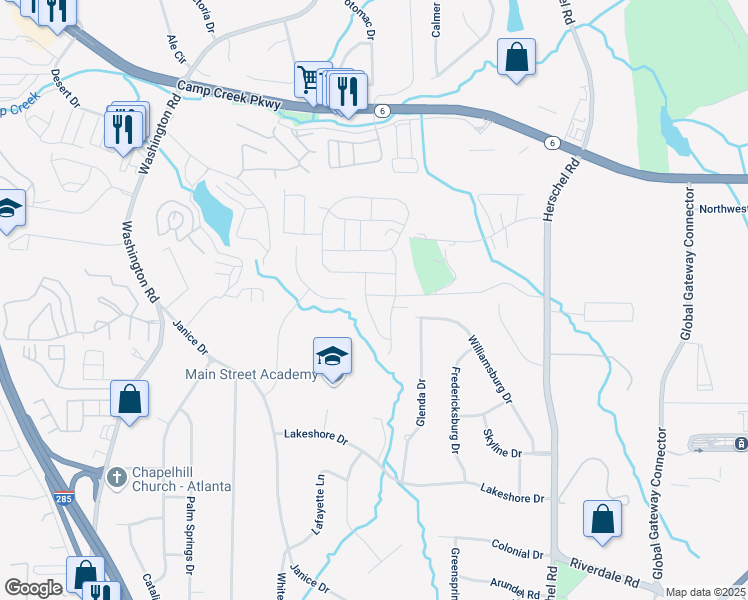 map of restaurants, bars, coffee shops, grocery stores, and more near 2761 Hawthorne Way in College Park